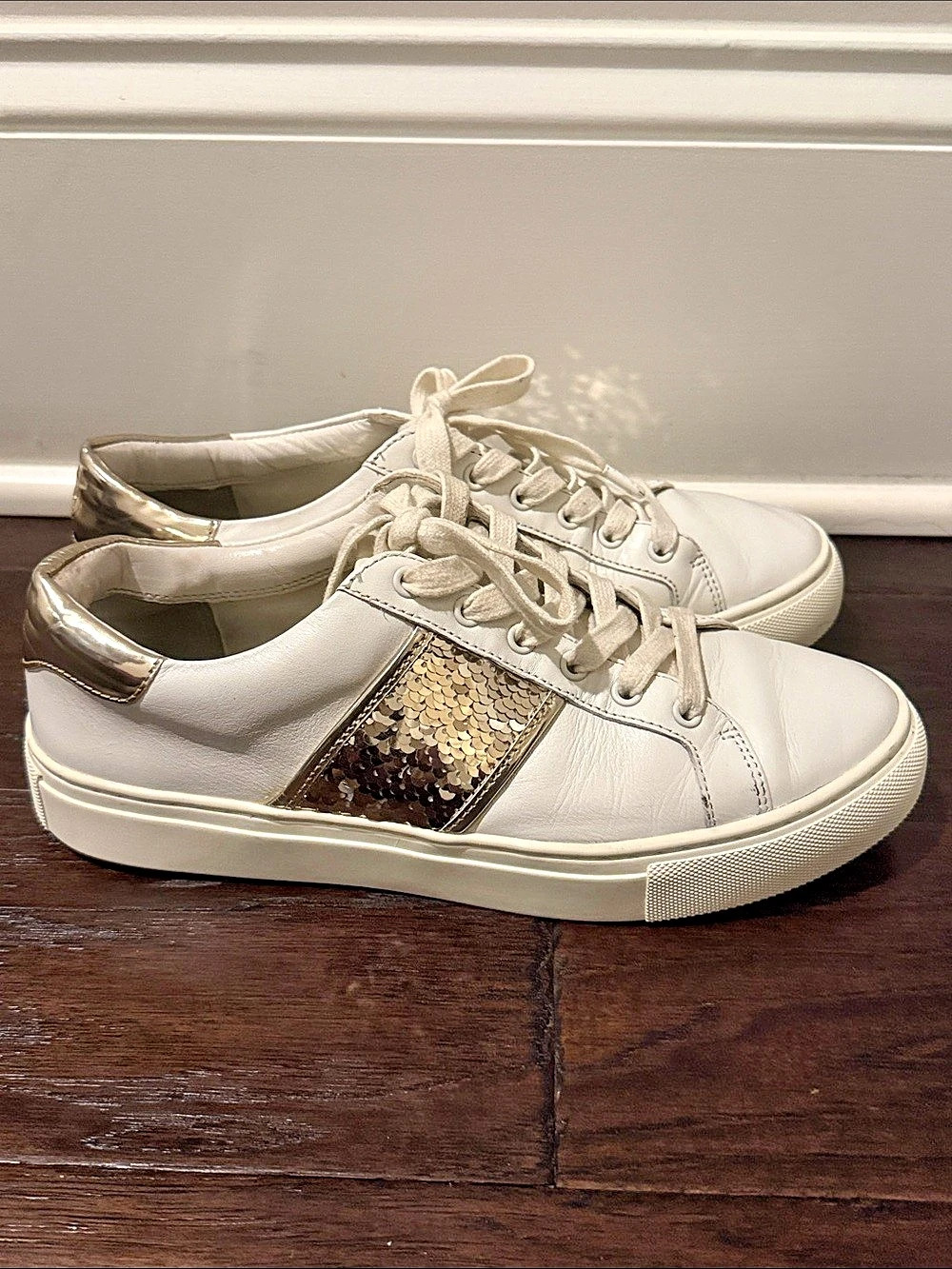 Tory Burch Carter Sequin Leather Sneakers White & Gold US 8M